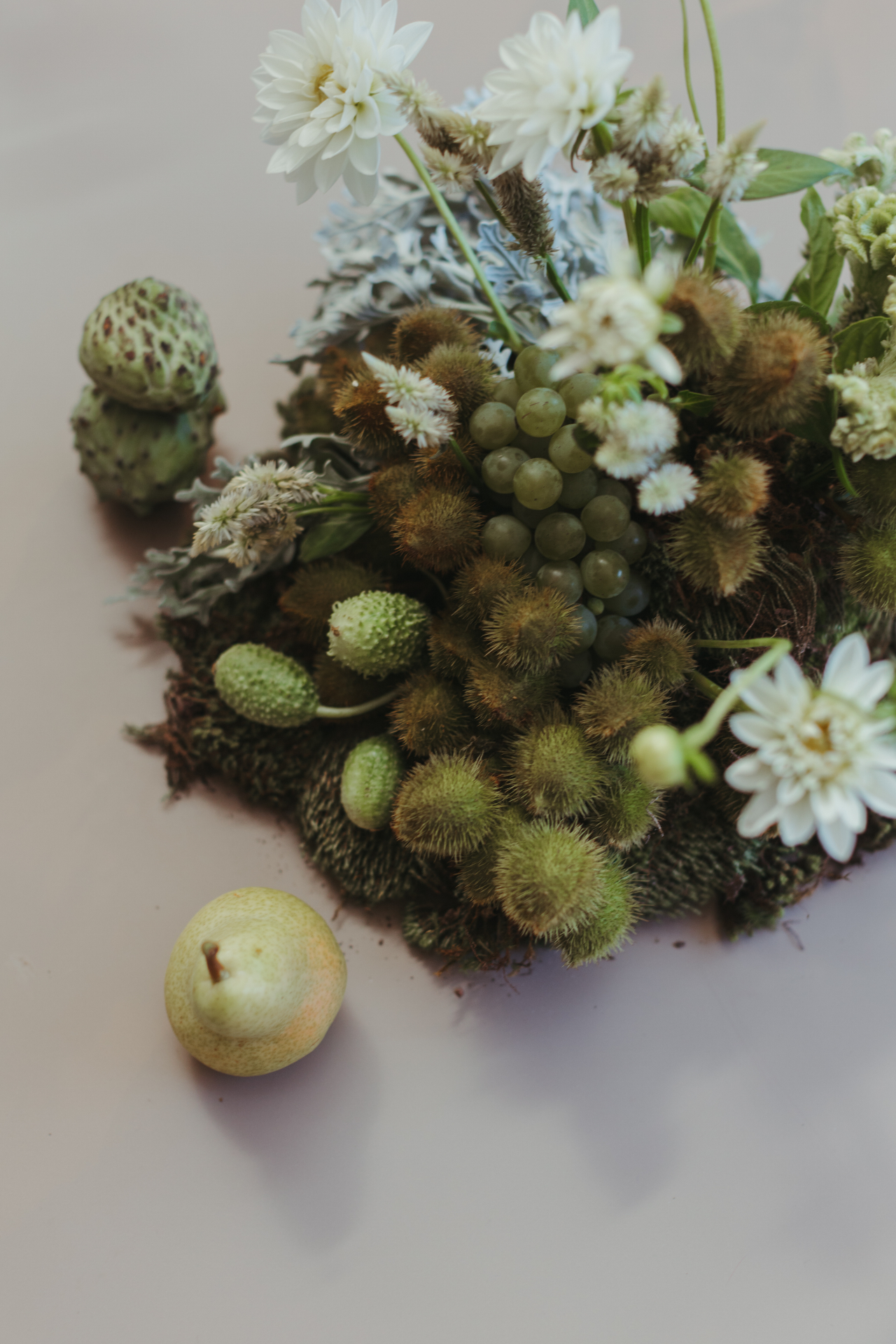 Arranjo baixo com frutas, uvas e dálias sobre musgo