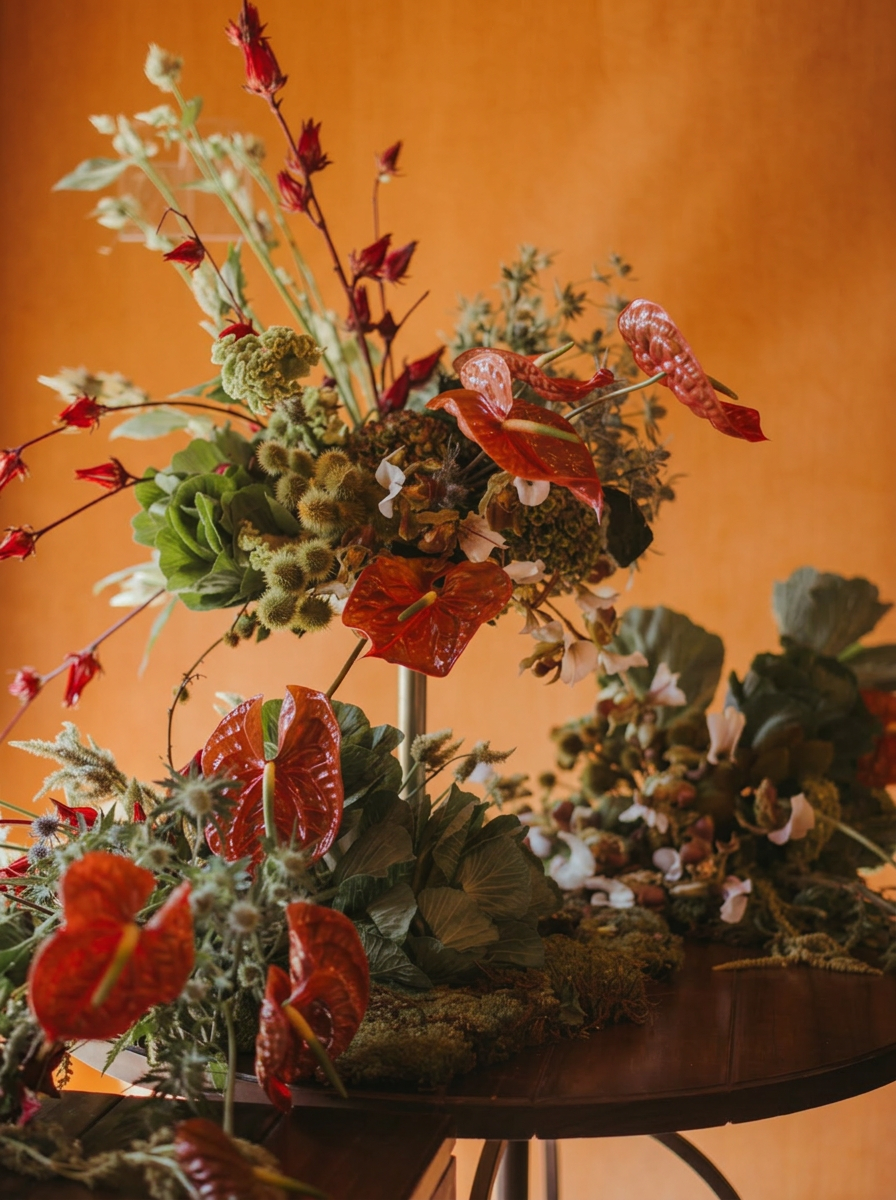 Arranjo de evento com anthuriums vermelhos, hortênsias e folhagens tropicais